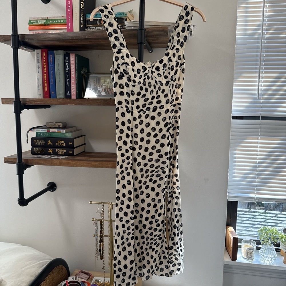 Reformation Cream Midi Dress with Black Polka Dots